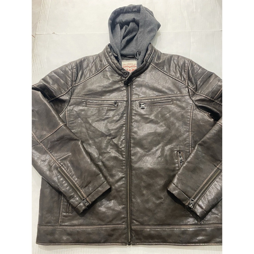 Levi's Men's Faux Leather Moto Jacket Hooded Full Zip Brown Distressed. XL